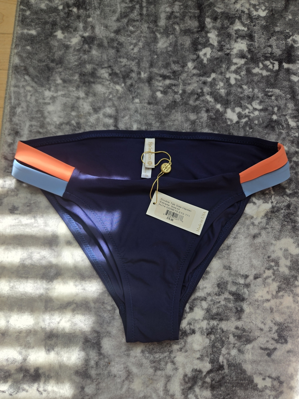 Helen Jon Navy Bikini Bottom with Coral & Sky Blue Bands